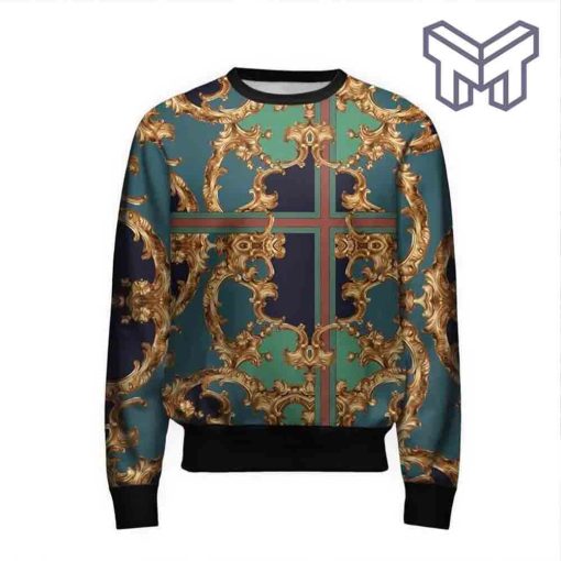 gianni-versace-golden-pattern-green-3d-ugly-sweater-luxury-brand-clothing-clothes-outfit