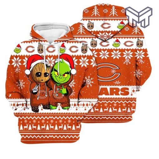 christmas-hoodies-chicago-bears-baby-groot-and-grinch-best-friends-3d-pullover-hoodie