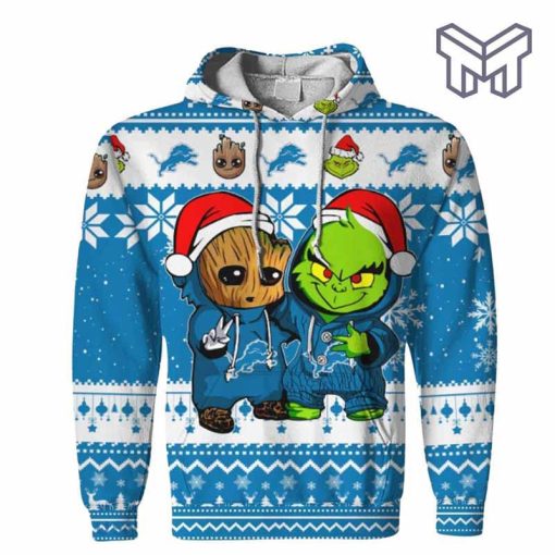 christmas-hoodies-detroit-lions-baby-groot-and-grinch-ugly-christmas-3d-hoodie