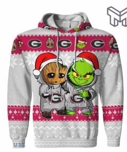 christmas-hoodies-georgia-bulldogs-baby-groot-and-grinch-ugly-christmas-3d-hoodie