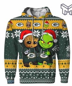 christmas-hoodies-green-bay-baby-groot-and-grinch-ugly-christmas-3d-hoodie