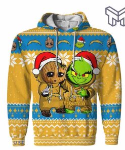 christmas-hoodies-los-angeles-chargers-baby-groot-and-grinch-ugly-christmas-3d-hoodie