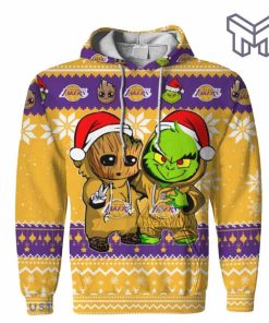 christmas-hoodies-los-angeles-lakers-baby-groot-and-grinch-ugly-christmas-3d-hoodie