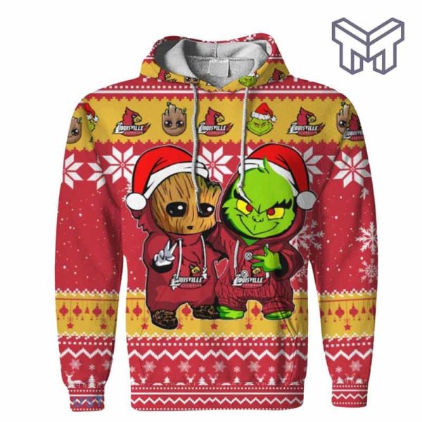 christmas-hoodies-louisville-cardinals-baby-groot-and-grinch-ugly-christmas-3d-hoodie