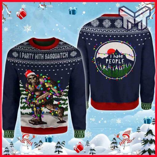 I Party With Sasquatch Camping All Over Print Ugly Christmas Sweater