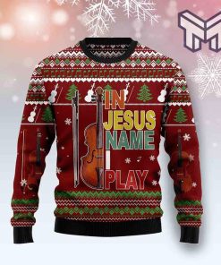 In Jesus Name Play Violin All Over Print Ugly Christmas Sweater