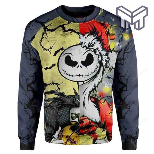 Jack Skellington Halloween And Grinch Christmas Sweatshirt All Over Print Ugly Christmas Sweater