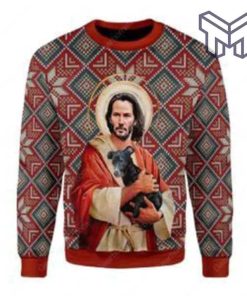 Jesus Keanu Reeves With Dog All Over Print Ugly Christmas Sweater