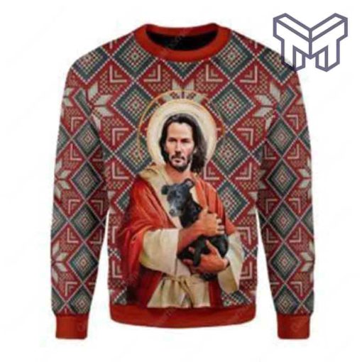 Jesus Keanu Reeves With Dog All Over Print Ugly Christmas Sweater