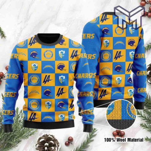 Los Angeles Chargers Logo Checkered Flannel All Over Print Ugly Christmas Sweater