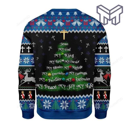 Christmas Tree Reindeer And Bells Jesus My Lord My King, My Savior My Healer Gearhomies For Unisex Christmas All Over Print Ugly Christmas Sweater