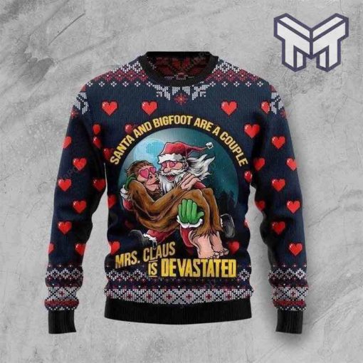 funny-santa-and-bigfoot-are-a-couple-navy-all-over-print-ugly-christmas-sweater