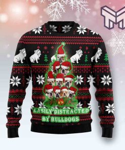 Bulldog Pine Tree Christmas Easyly Distracted By Bulldogs Christmas All Over Print Ugly Christmas Sweater