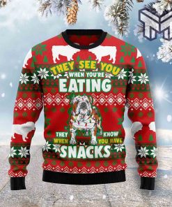 Bulldog They See You When You Are Eating Snacks All Over Print Ugly Christmas Sweater