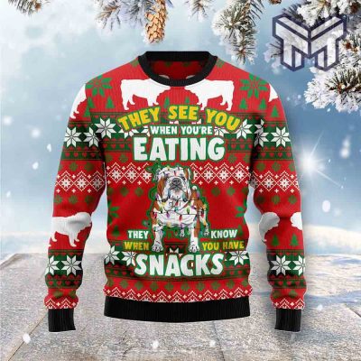 Bulldog They See You When You Are Eating Snacks All Over Print Ugly Christmas Sweater
