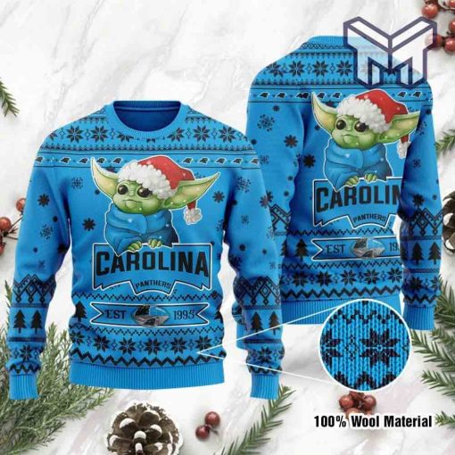 Carolina Panthers Cute Baby Yoda Grogu All Over Print Ugly Christmas Sweater