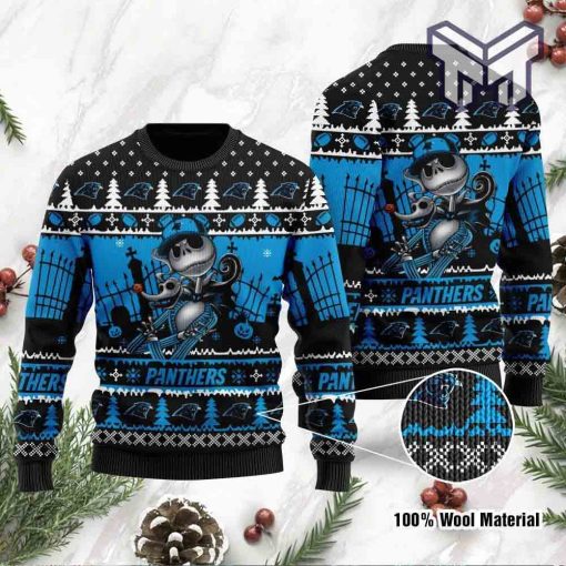 Carolina Panthers Jack Skellington Halloween All Over Print Ugly Christmas Sweater