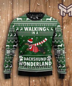 Christmas Dog Walking In A Dachshund Wonderland All Over Print Ugly Christmas Sweater