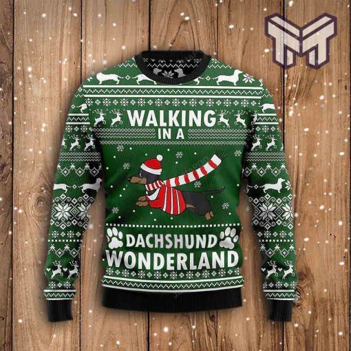 Christmas Dog Walking In A Dachshund Wonderland All Over Print Ugly Christmas Sweater