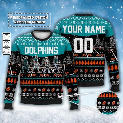 Custom Dolphins Walking Abbey Road Ugly Christmas Sweater Football 