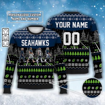Custom Seahawks Walking Abbey Road Ugly Christmas Sweater Football