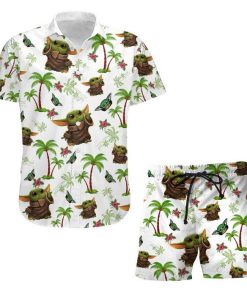 Baby Yoda Palm Trees Summer Tropical Print Disney Hawaiian Button Down Shirt Shorts Set Unisex Outfits