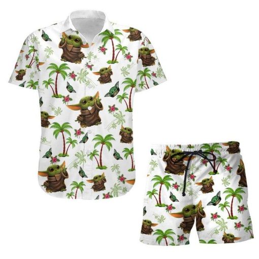 Baby Yoda Palm Trees Summer Tropical Print Disney Hawaiian Button Down Shirt Shorts Set Unisex Outfits