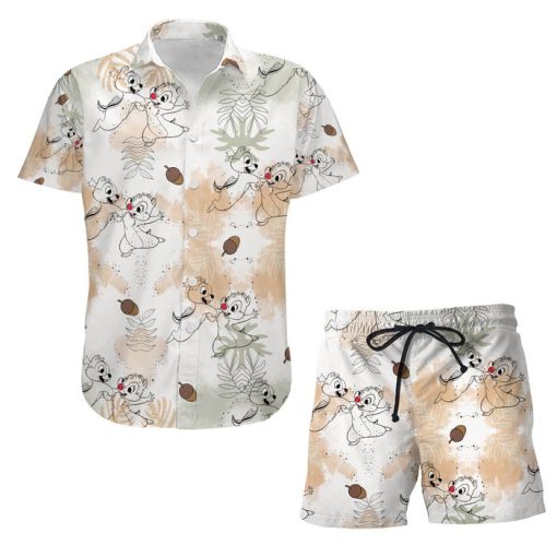 Chip Dale Nuts Summer Tropical Print Disney Hawaiian Button Down Shirt Shorts Set Unisex Outfits