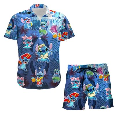 Dancing Stitch Navy Summer Tropical Print Disney Hawaiian Button Down Shirt Shorts Set Unisex Outfits