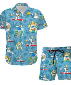 Donald Duck Swimming Summer Tropical Print Disney Hawaiian Button Down Shirt Shorts Set Unisex Outfits