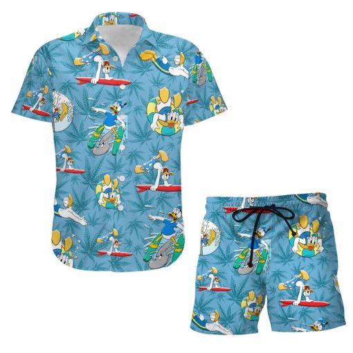 Donald Duck Swimming Summer Tropical Print Disney Hawaiian Button Down Shirt Shorts Set Unisex Outfits