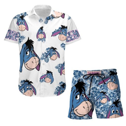 Eeyore Donkey Hibiscus Summer Tropical Print Disney Hawaiian Button Down Shirt Shorts Set Unisex Outfits