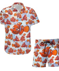 Finding Nemo Fish Summer Tropical Print Disney Hawaiian Button Down Shirt Shorts Set Unisex Outfits