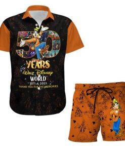 Goofy Dog Orange 50th Anniversary Glitter Castle Disney Hawaiian Summer Vacation Button Down Shirt Shorts Set Unisex Outfits