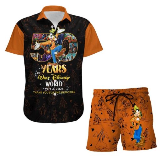 Goofy Dog Orange 50th Anniversary Glitter Castle Disney Hawaiian Summer Vacation Button Down Shirt Shorts Set Unisex Outfits