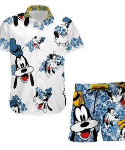 Goofy Dog Hibiscus Summer Tropical Print Disney Hawaiian Button Down Shirt Shorts Set Unisex Outfits