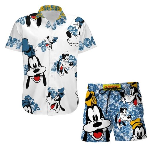 Goofy Dog Hibiscus Summer Tropical Print Disney Hawaiian Button Down Shirt Shorts Set Unisex Outfits