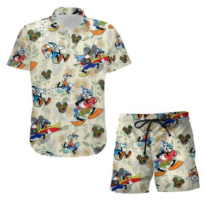 Goofy Dog Surf Snorkel Summer Tropical Print Disney Hawaiian Button Down Shirt Shorts Set Unisex Outfits