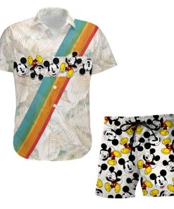 Mickey Rainbow Stripe Summer Tropical Print Disney Hawaiian Button Down Shirt Shorts Set Unisex Outfits