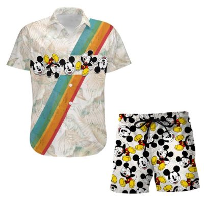 Mickey Rainbow Stripe Summer Tropical Print Disney Hawaiian Button Down Shirt Shorts Set Unisex Outfits