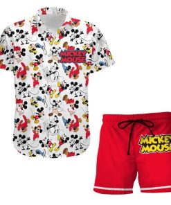 Mickey Mouse Red White Yellow Patterns Summer Disney Hawaiian Button Down Shirt Shorts Set Unisex Outfits