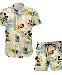 Mickey Surfing Waves Summer Tropical Print Disney Hawaiian Button Down Shirt Shorts Set Unisex Outfits