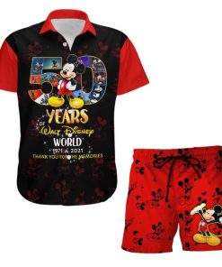 Mickey Mouse Red 50th Anniversary Glitter Castle Disney Hawaiian Summer Vacation Button Down Shirt Shorts Set Unisex Outfits