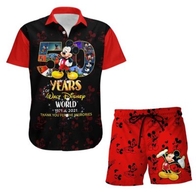 Mickey Mouse Red 50th Anniversary Glitter Castle Disney Hawaiian Summer Vacation Button Down Shirt Shorts Set Unisex Outfits