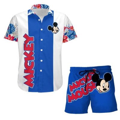 Mickey Floral Stripe Summer Tropical Print Disney Hawaiian Button Down Shirt Shorts Set Unisex Outfits