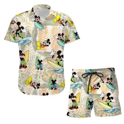 Mickey Surfing Waves Summer Tropical Print Disney Hawaiian Button Down Shirt Shorts Set Unisex Outfits