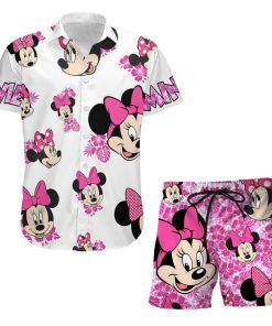 Minnie Mouse Floral Summer Tropical Print Disney Hawaiian Button Down Shirt Shorts Set Unisex Outfits