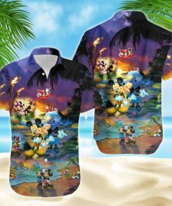 Mickey & Minnie Mouse Sunset Beach Disney Hawaiian Button Down Shirt Vacation Cartoon Outfits