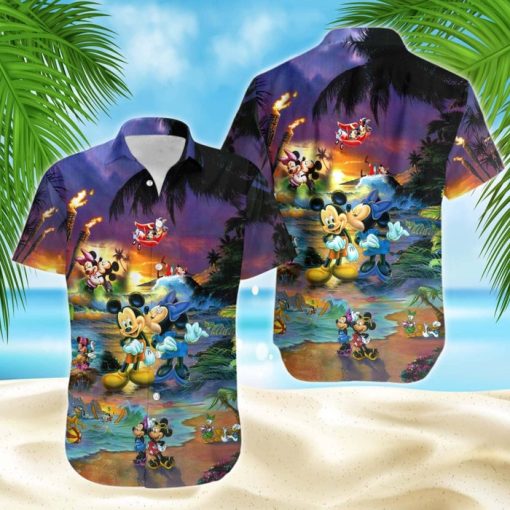 Mickey & Minnie Mouse Sunset Beach Disney Hawaiian Button Down Shirt Vacation Cartoon Outfits