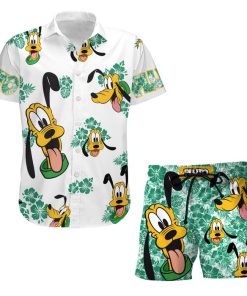 Pluto Dog Hibiscus Summer Tropical Print Disney Hawaiian Button Down Shirt Shorts Set Unisex Outfits